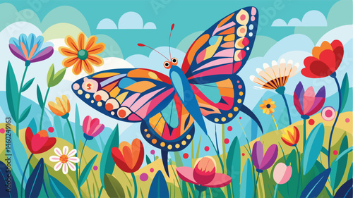 Colorful butterfly surrounded by vibrant flowers in a bright, cheerful landscape with a blue sky and whimsical clouds during the day
