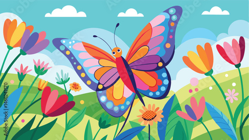 Colorful butterfly surrounded by vibrant flowers in a bright, cheerful landscape with a blue sky and whimsical clouds during the day
