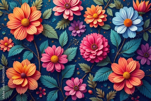 Intricate blooming floral pattern, vibrant hues, romantic, stylish