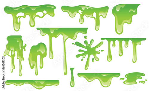 Slime green melting, splash, vector set