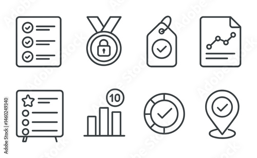 Line style icons of gaming achievements tracking: achievement list icon, unlocked items badge, task completed tag, progress chart file, reward list board, point system chart, progress tracker bubble,
