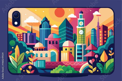 Colorful vector illustration of a vibrant city skyline during sunset with a smartphone frame, showcasing modern buildings and natural elements in harmony