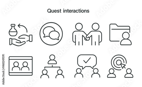 Line style icons of quest interactions: item exchange icon, dialogue interaction badge, character cooperation tag, task sharing file, multi-player interaction board, teamwork chart, cooperative task