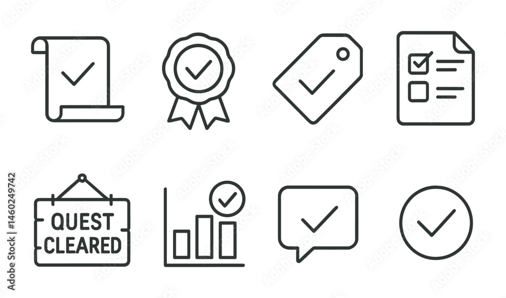 Line style icons of quest completion: finished quest icon, reward badge, end of story tag, task completed file, quest cleared board, final goal chart, mission accomplished bubble, completion symbol. Line style icons of quest completion: finished quest icon, reward badge, end of story tag, task completed file, quest cleared board, final goal chart, mission accomplished bubble, completion symbol.