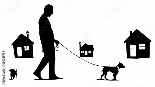 Silhouette of a man walking a dog on a leash with houses in the background in black and white created with generated ai