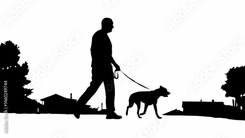 Silhouette of a man walking a dog on a leash in a neighborhood with houses and trees in the background created with generated ai