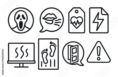 Line style icons of horror sound effects: scream icon, whisper badge, heartbeat tag, thunder file, eerie noise board, ominous footsteps chart, door creak bubble, suspense symbol.