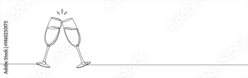 Two clinking champagne glasses continuous one line drawing. Design for party, anniversary celebration, new year festival.