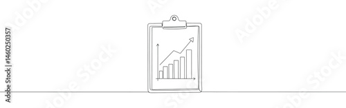 Clipboard with growth graph continuous one line drawing. Profit graph, business analysis.
