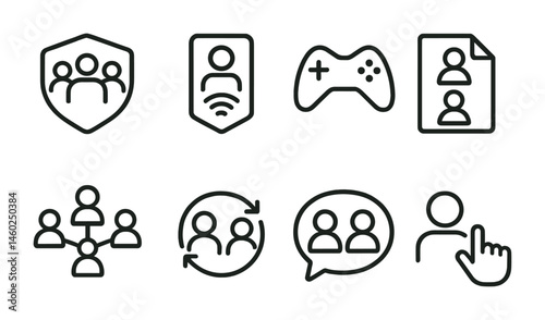 Line style icons of multiplayer gaming: team play icon, online player badge, multiplayer match tag, game lobby file, player network board, co-op gaming chart, team-up bubble, online interaction