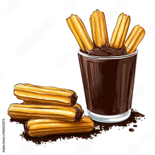 Churros With Chocolate 2D flat vector illustration, isolated on a white background.