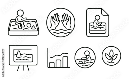 Line style icons of sand therapy: therapeutic play icon, stress relief badge, calming activity tag, quiet play file, mindful practice board, stress-reducing chart, relaxation bubble, therapeutic