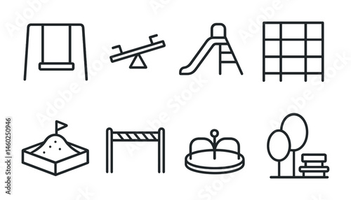Line style icons of playground equipment: swing icon, seesaw badge, slide tag, climbing frame file, sandbox board, monkey bars chart, merry-go-round bubble, park equipment symbol.