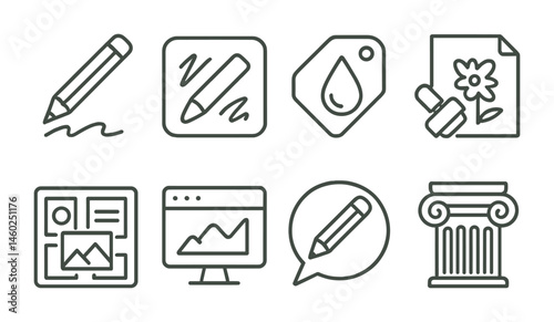 Line style icons of visual arts: sketch icon, charcoal badge, watercolor tag, printmaking file, artistic vision board, graphic design chart, pencil drawing bubble, art movement symbol.
