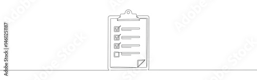 Clipboard with checklist continuous one line drawing. Quality check list, todo plan with tasks