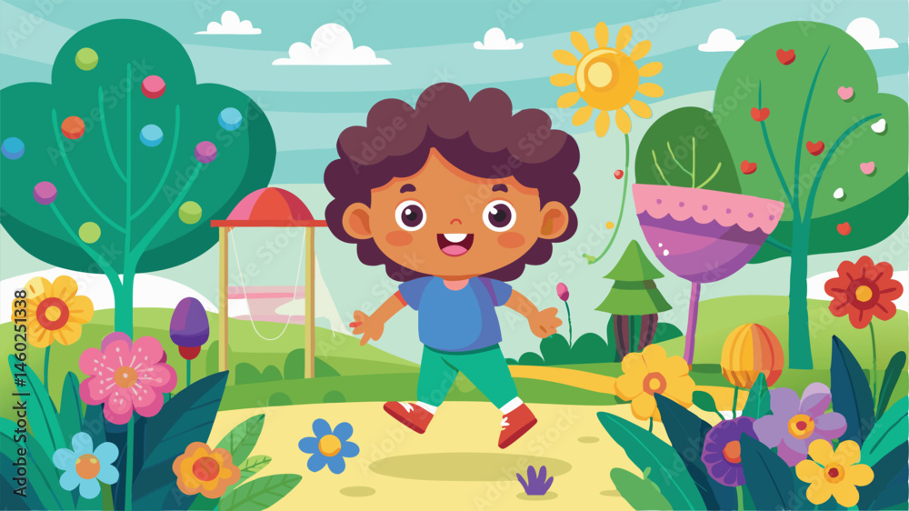 Naklejka premium Bright and cheerful vector illustration featuring a happy child playing in a colorful park filled with blooming flowers, trees, and playground equipment