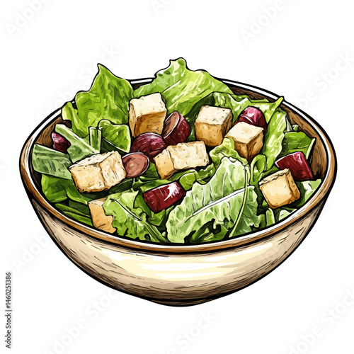 Caesar Salad 2D flat vector illustration, isolated on a white background.
