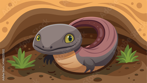 Vector illustration of a fascinating prehistoric fish-like creature swimming through a sandy environment with lush green vegetation and an orange sky