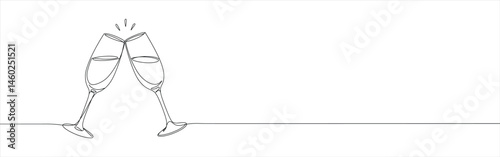 Two clinking champagne glasses continuous one line drawing. Design for party, anniversary celebration, new year festival.