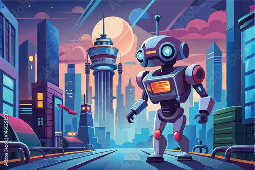 Futuristic robot exploring a vibrant cityscape at dusk with towering skyscrapers and colorful architecture in a digital illustration style