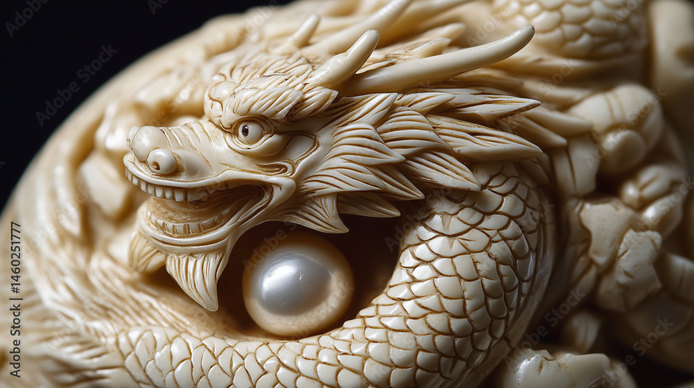 Close-up of an intricately carved ivory netsuke depicting a dragon coiled around a pearl.