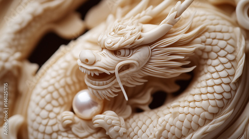 Obraz na płótnie Close-up of an intricately carved ivory netsuke depicting a dragon coiled around a pearl. w salonie