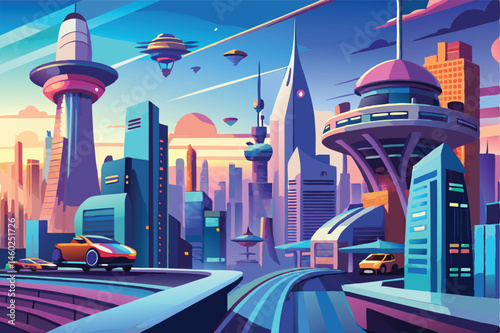 Modern futuristic city skyline with towers, vehicle movement, and colorful balloons in the sky during sunset in a vibrant design style