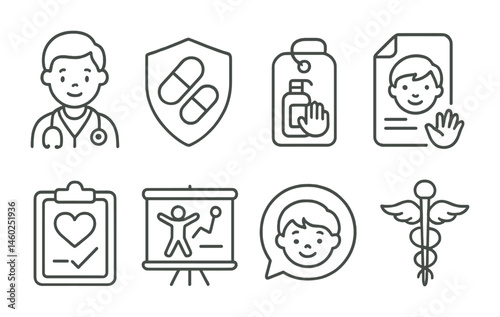 Line style icons of kids’ health: doctor icon, vitamins badge, dental care tag, hygiene routine file, health check board, exercise chart, wellness bubble, medical symbol.