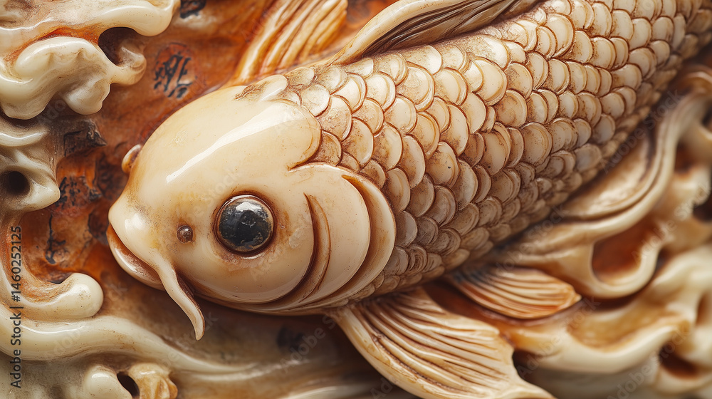 Close-up of a netsuke of a koi fish with detailed scales and water swirls.