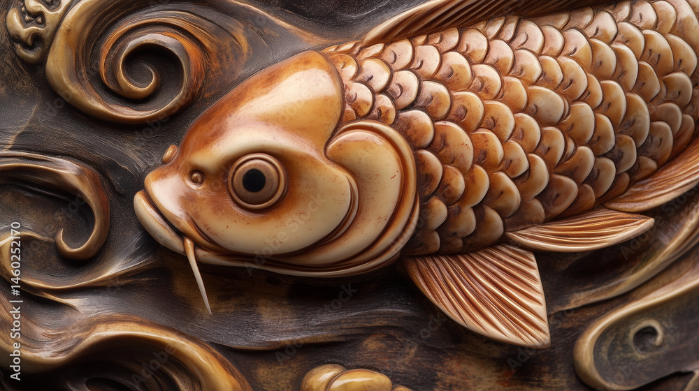 Close-up of a netsuke of a koi fish with detailed scales and water swirls.