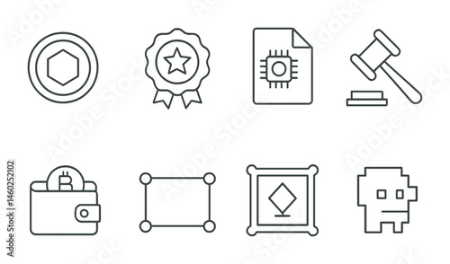 Line style icons of VR: VR headset, 360-degree view, virtual room, motion controller, teleport icon, VR glove, spatial audio, eye tracking.