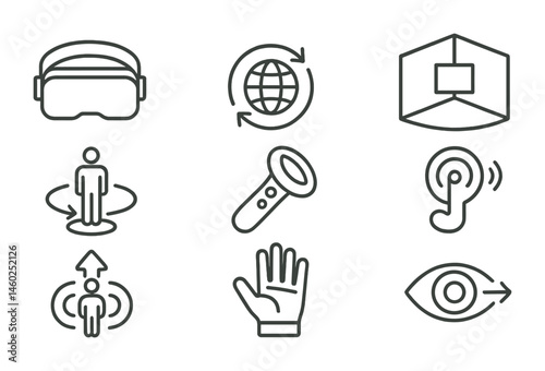Line style icons of VR: VR headset, 360-degree view, virtual room, motion controller, teleport icon, VR glove, spatial audio, eye tracking.