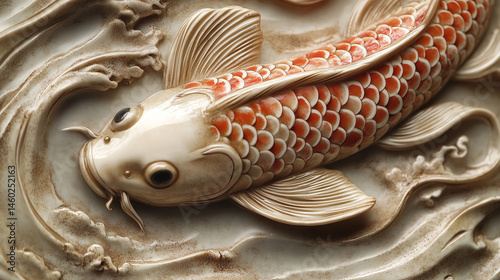 Obraz na płótnie Close-up of a netsuke of a koi fish with detailed scales and water swirls. w salonie