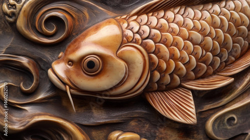 Obraz na płótnie Close-up of a netsuke of a koi fish with detailed scales and water swirls. w salonie