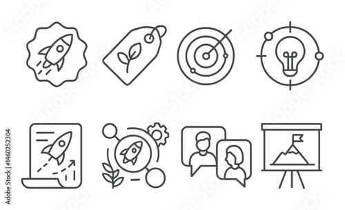Line style icons of startups: startup badge, early stage tag, goal setting board, innovation radar, bootstrap plan, startup ecosystem, co-founder chat, business mission board.