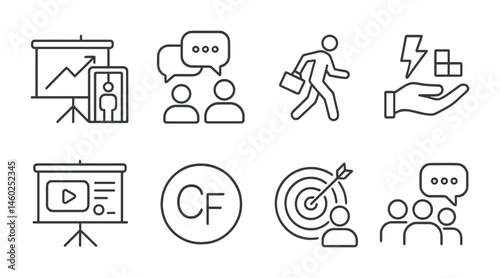 Line style icons of startups: elevator strategy map, pitch feedback icon, hustle mode icon, venture builder, product demo board, co-founder initials, startup focus icon, daily standup.