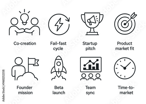 Line style icons of startups: co-creation icon, fail fast cycle, startup pitch trophy, product-market fit, founder mission icon, beta launch icon, team sync chart, time-to-market clock.