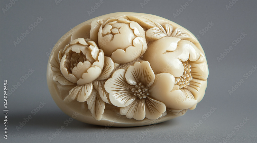 Detailed shot of an antique ivory netsuke with delicate floral patterns.