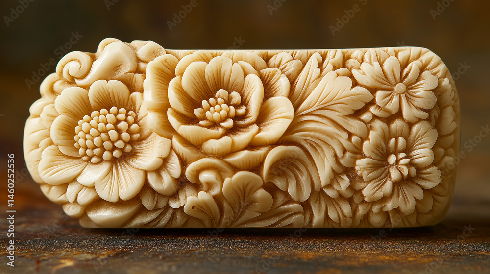 Detailed shot of an antique ivory netsuke with delicate floral patterns.