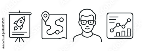 Line style icons of startups: startup pitch deck, user journey map, tech founder icon, product roadmap.