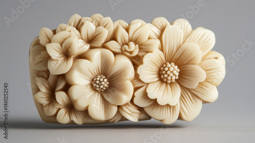 Detailed shot of an antique ivory netsuke with delicate floral patterns.