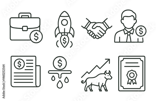 Line style icons of investments: investment briefcase, startup funding icon, investor handshake, financial advisor avatar, investment newsletter, passive income stream, bullish market trend, bond