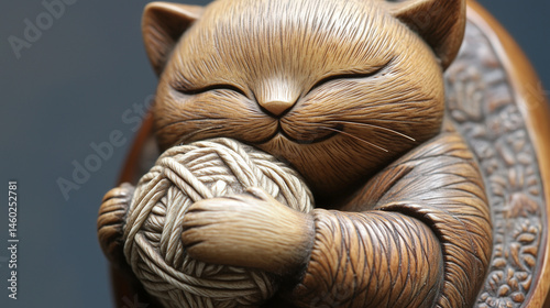 Close-up of a netsuke of a cat playing with a ball of yarn.