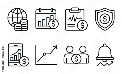 Line style icons of investments: global investment icon, capital budget planner, investor pulse report, asset security shield, fintech investment tools, expected returns line, peer investing icon,