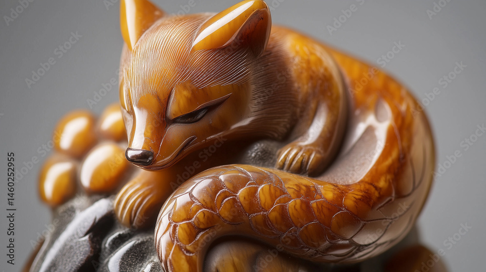 Detailed view of a netsuke showing a fox with nine tails, polished and intricate.