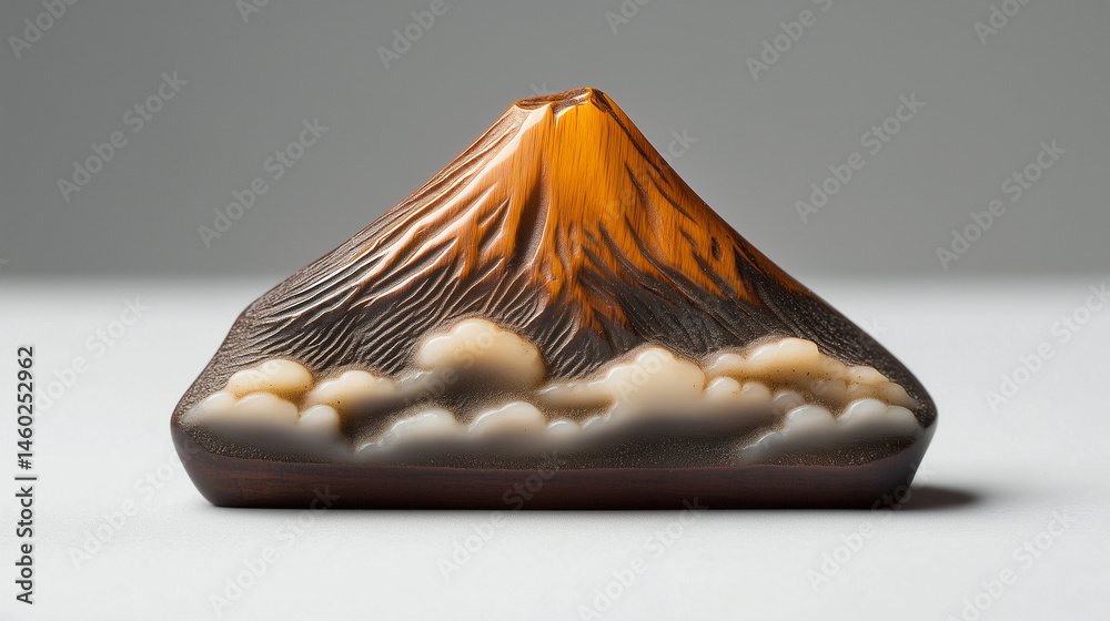 Close-up of a netsuke shaped like Mount Fuji with misty clouds at its base.