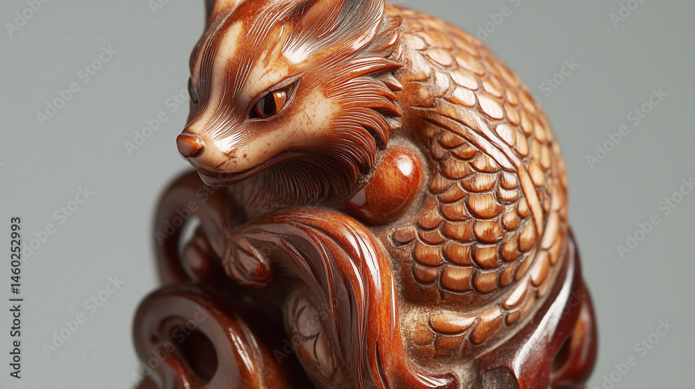 Detailed view of a netsuke showing a fox with nine tails, polished and intricate.