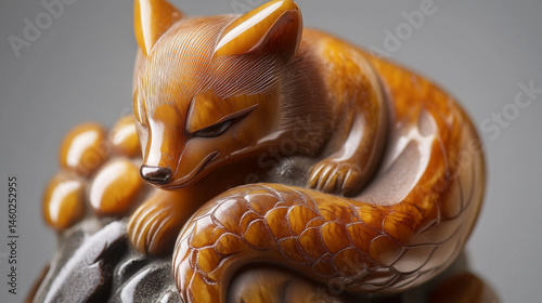 Obraz na płótnie Detailed view of a netsuke showing a fox with nine tails, polished and intricate. w salonie