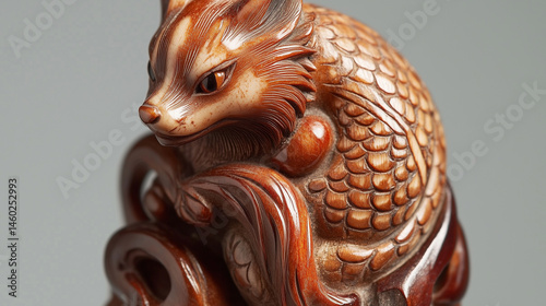 Obraz na płótnie Detailed view of a netsuke showing a fox with nine tails, polished and intricate. w salonie