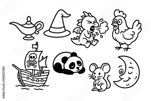 Line style icons of cartoons: cartoon magic lamp, wizard hat, sneezing dragon, comical chicken, pirate ship, sleeping panda, tiny mouse, winking moon.